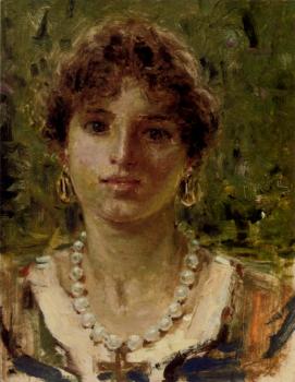 弗朗西斯科 保羅 米蓋提 Portrait Of A Girl Waering A Pearl Necklace